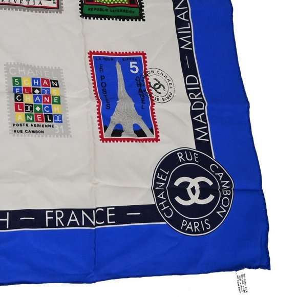 CHANEL CC Logo Stamp Pattern Scarf Handkerchief 100% Silk Blue Accessory 61RJ341 - Picture 2 of 11